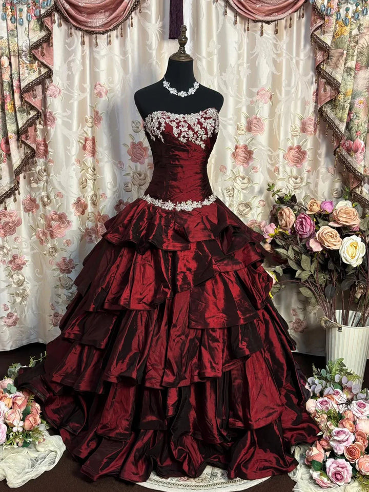 Robe de Bal de Promo Ligne A/Princesse Bustier en Taffetas Longueur au Sol à Volants avec Appliqués Sans Manches