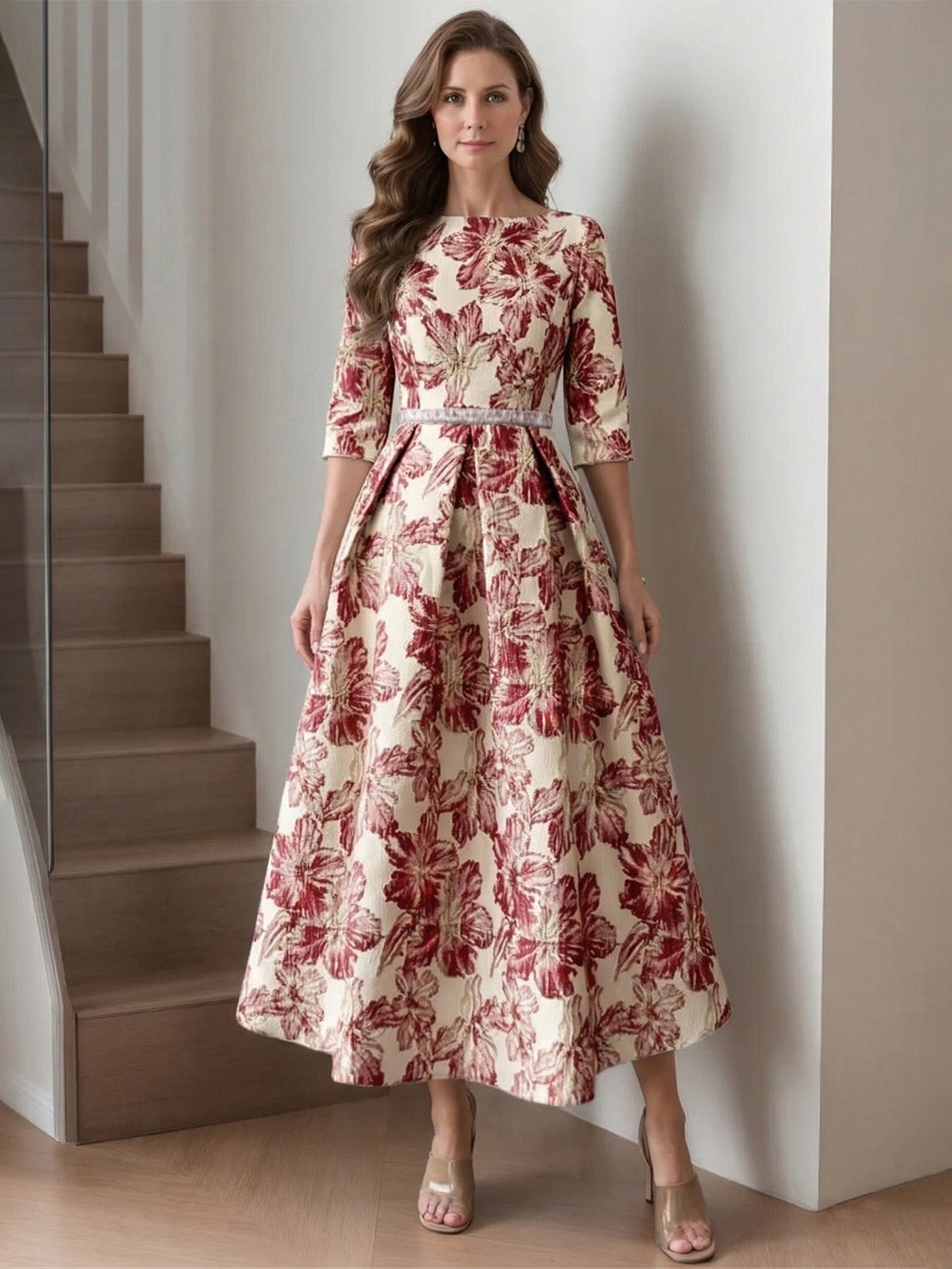 Robe mère de la mariée satin imprimé ligne A, col rond, manches mi-longues, longueur midi, motifs floraux et ceinture