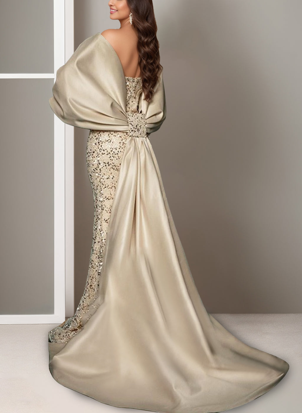 Robe de Soirée Sirène/Trompette à Épaules Dénudées et Traîne avec Fente Sur le Côté et Nœud(S)