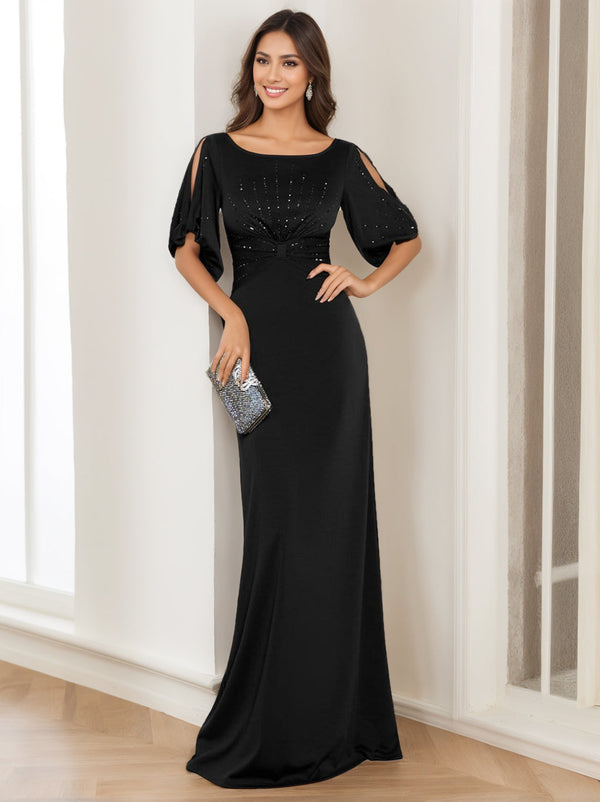 Robe de Mère de la Mariée Noire Élégante à Col Rond et Demi-Manches, Longueur Au Sol
