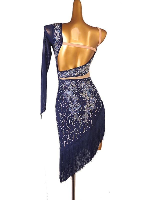 Robe de Danse Latine à Franges et Pompons avec Cristaux/Strass pour Femme Éˆ¥Æ¦® Performance Training Manches Longues