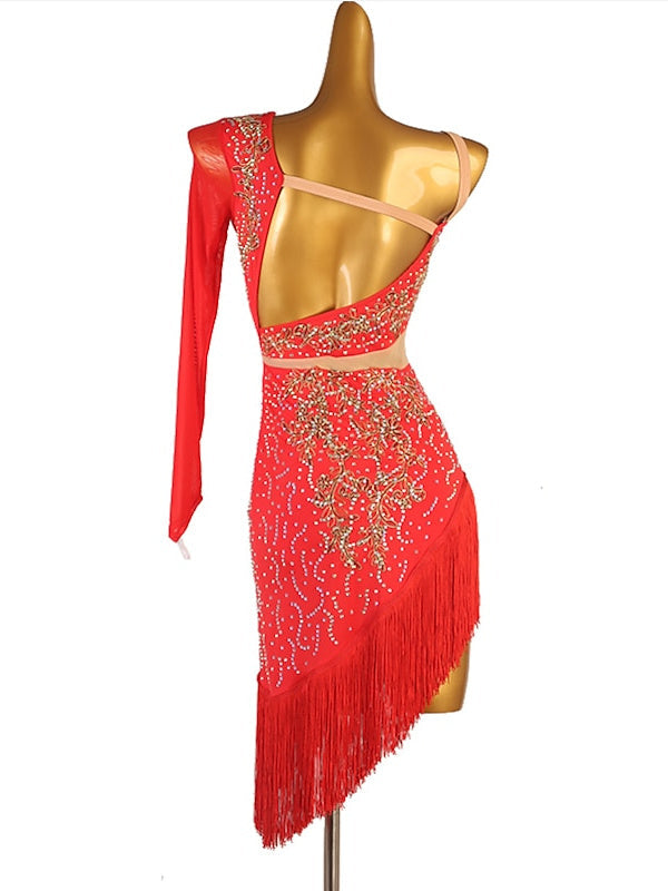 Robe de Danse Latine à Franges et Pompons avec Cristaux/Strass pour Femme Éˆ¥Æ¦® Performance Training Manches Longues