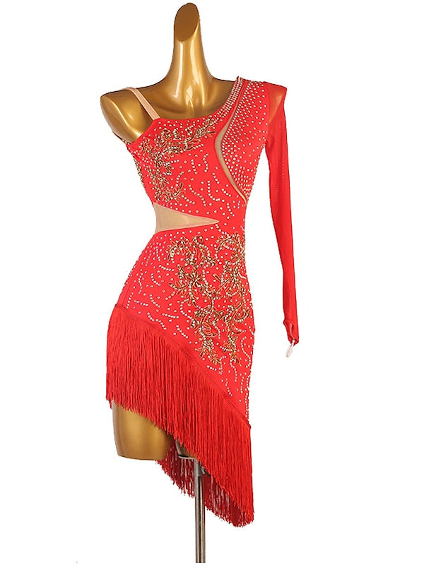 Robe de Danse Latine à Franges et Pompons avec Cristaux/Strass pour Femme Éˆ¥Æ¦® Performance Training Manches Longues
