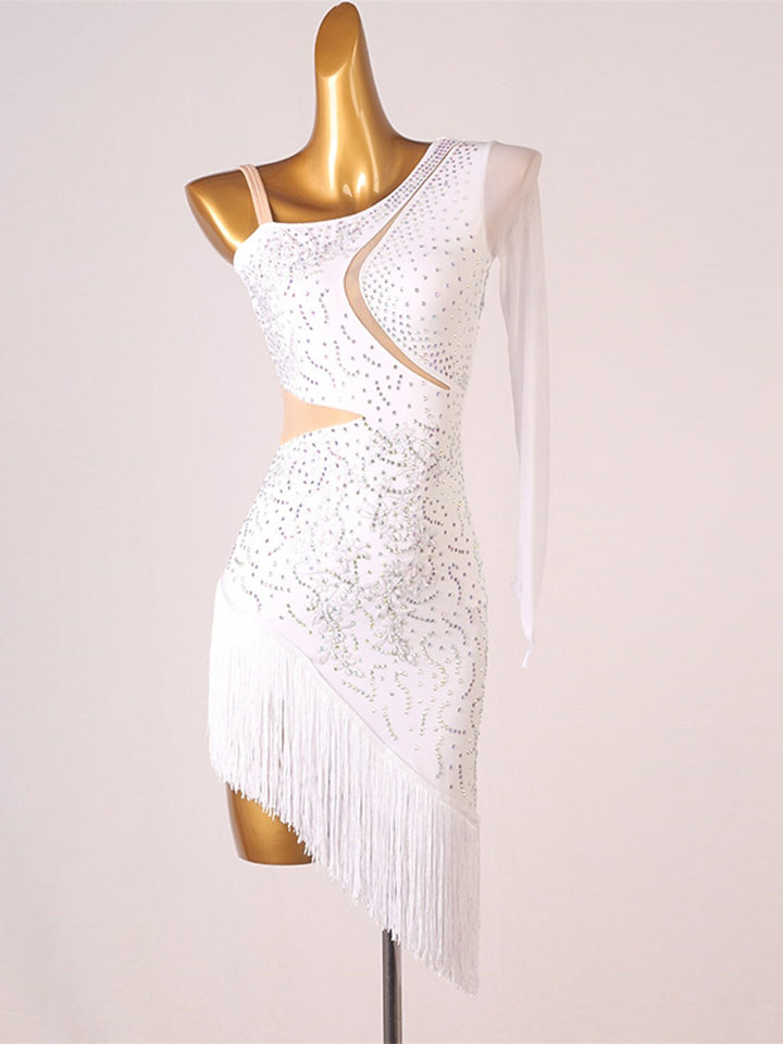 Robe de Danse Latine à Franges et Pompons avec Cristaux/Strass pour Femme Éˆ¥Æ¦® Performance Training Manches Longues