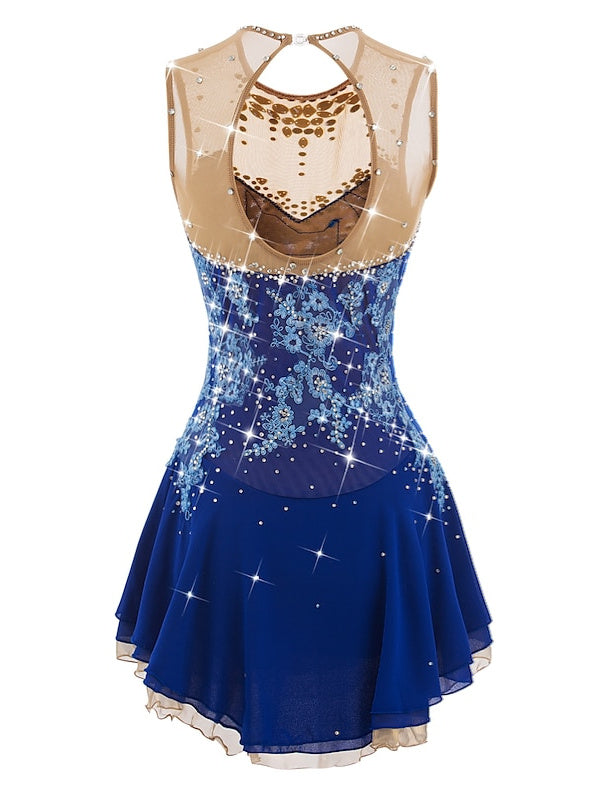 Robe de Patinage Artistique pour Femmes et Filles, Robe de Patinage Sur Glace, Dos Ouvert, Élasthanne, Maille Fleurie, Strass, Sans Manches, Vêtements de Danse Sur Glace