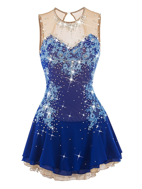 Robe de Patinage Artistique pour Femmes et Filles, Robe de Patinage Sur Glace, Dos Ouvert, Élasthanne, Maille Fleurie, Strass, Sans Manches, Vêtements de Danse Sur Glace