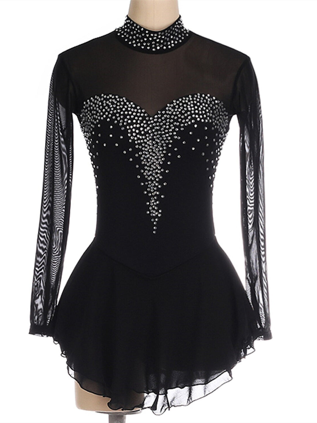 Robe de Patinage Artistique pour Femmes et Filles, Robe de Patinage Sur Glace à Manches Longues en Élasthanne et Strass