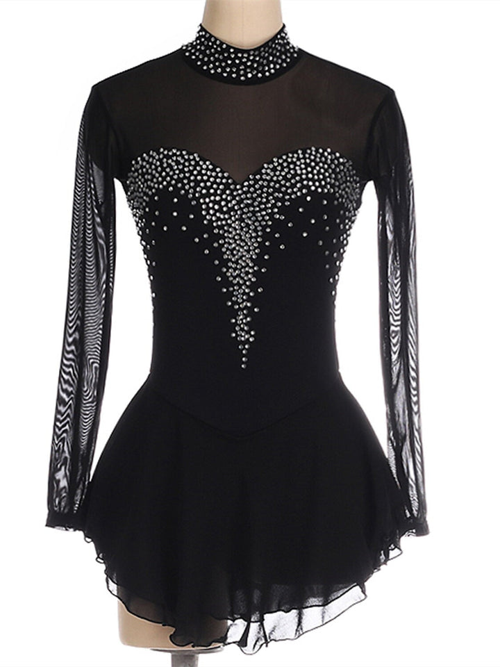 Robe de Patinage Artistique pour Femmes et Filles, Robe de Patinage Sur Glace à Manches Longues en Élasthanne et Strass