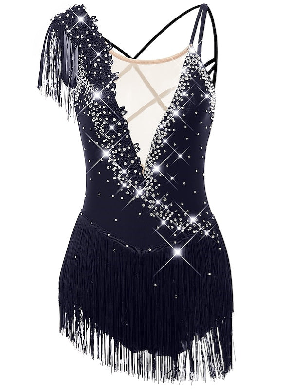 Robe de Patinage Artistique pour Femmes et Filles, Vêtements de Danse, Ourlet Asymétrique, Pompon, Maille, Élasthanne, Strass, Robe de Patinage Sur Glace