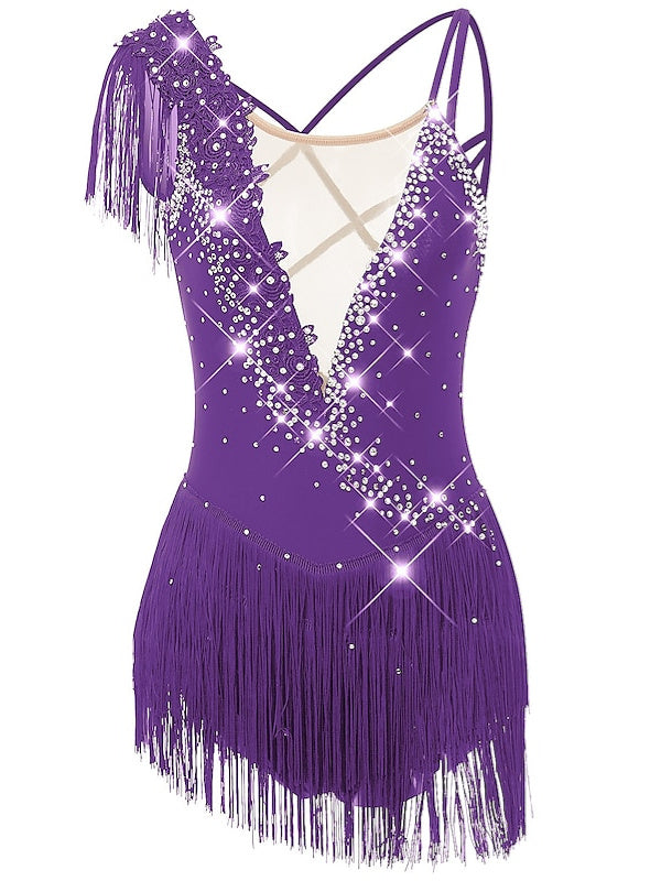 Robe de Patinage Artistique pour Femmes et Filles, Vêtements de Danse, Ourlet Asymétrique, Pompon, Maille, Élasthanne, Strass, Robe de Patinage Sur Glace