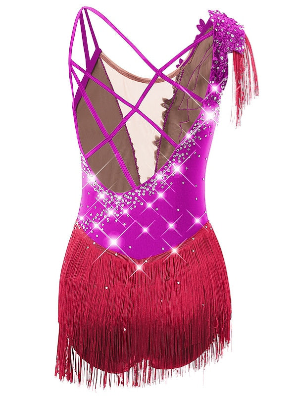 Robe de Patinage Artistique pour Femmes et Filles, Vêtements de Danse, Ourlet Asymétrique, Pompon, Maille, Élasthanne, Strass, Robe de Patinage Sur Glace