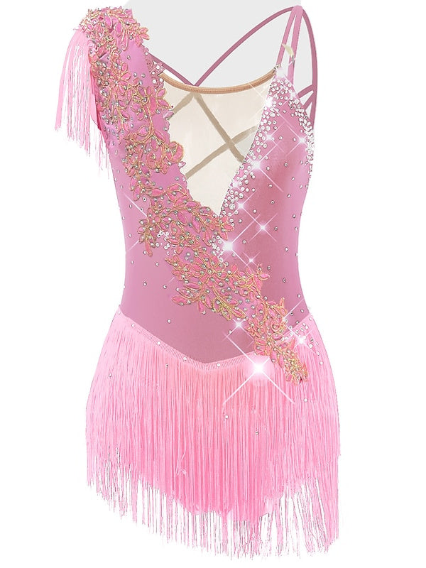 Robe de Patinage Artistique pour Femmes et Filles, Vêtements de Danse, Ourlet Asymétrique, Pompon, Maille, Élasthanne, Strass, Robe de Patinage Sur Glace