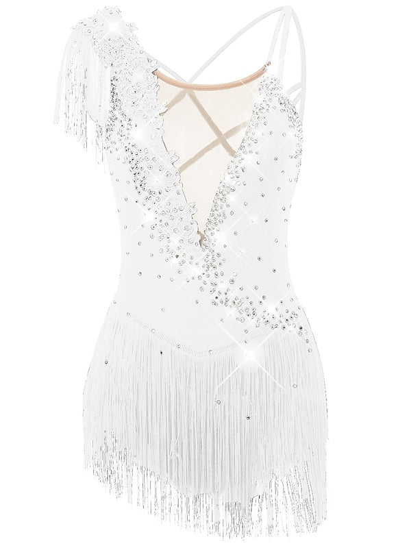 Robe de Patinage Artistique pour Femmes et Filles, Vêtements de Danse, Ourlet Asymétrique, Pompon, Maille, Élasthanne, Strass, Robe de Patinage Sur Glace