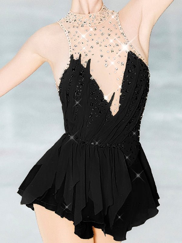 Robe de Patinage Artistique pour Femmes et Filles, Vêtements de Danse, Dos Ouvert, Maille, Élasthanne, Haute Élasticité, Cristal/Strass, Sans Manches