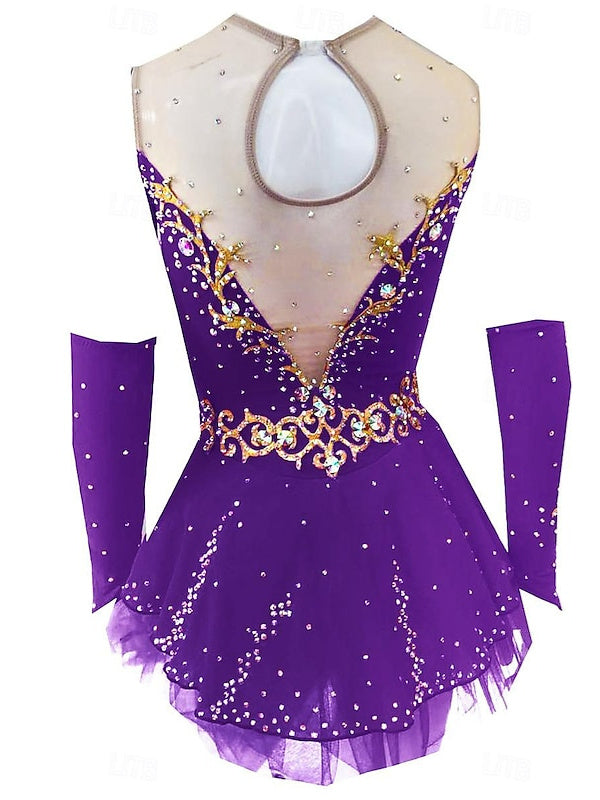 Robe de Patinage Artistique pour Femmes et Filles, Vêtements de Danse, Dos Ouvert, Maille, Élasthanne, Cristal/Strass, Robe de Patinage Sur Glace