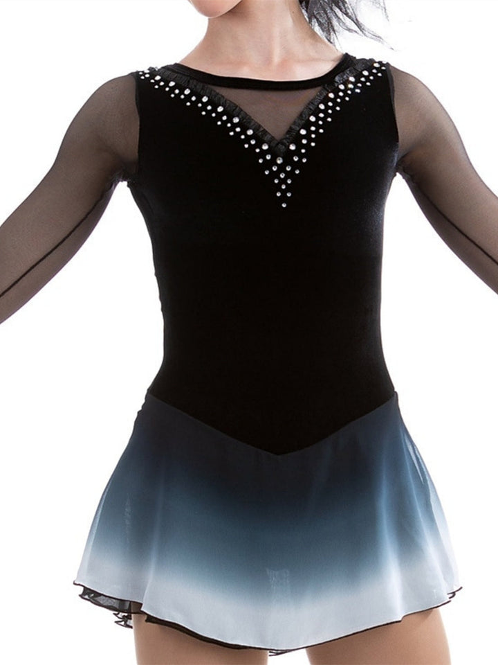 Robe de Patinage Artistique à Manches Longues pour Femmes et Filles, Robe de Patinage Sur Glace avec Cristaux/Strass