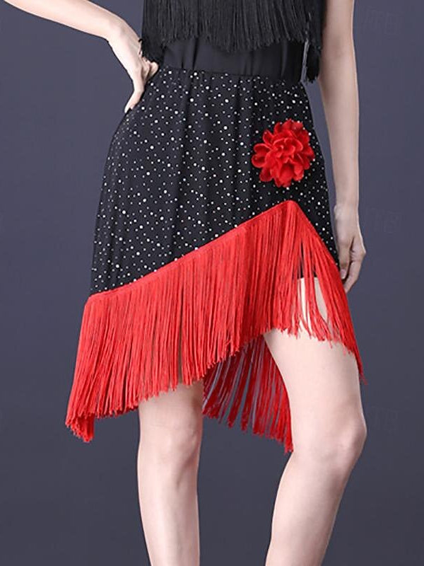 Jupes de Danse de Salon de Danse Latine à Paillettes de Couleur Pure pour Femmes, Entraînement de Performance en Polyester de Haute Qualité
