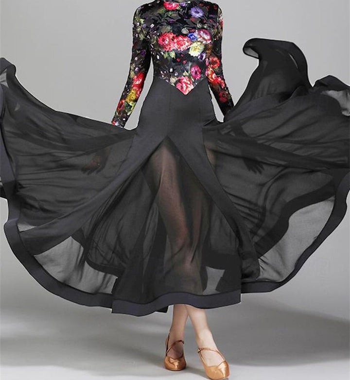 Vêtements de Danse pour Femmes Robe de Danse de Salon à Manches Longues Imprimé Floral Entraînement de Performance pour Femmes Polyester