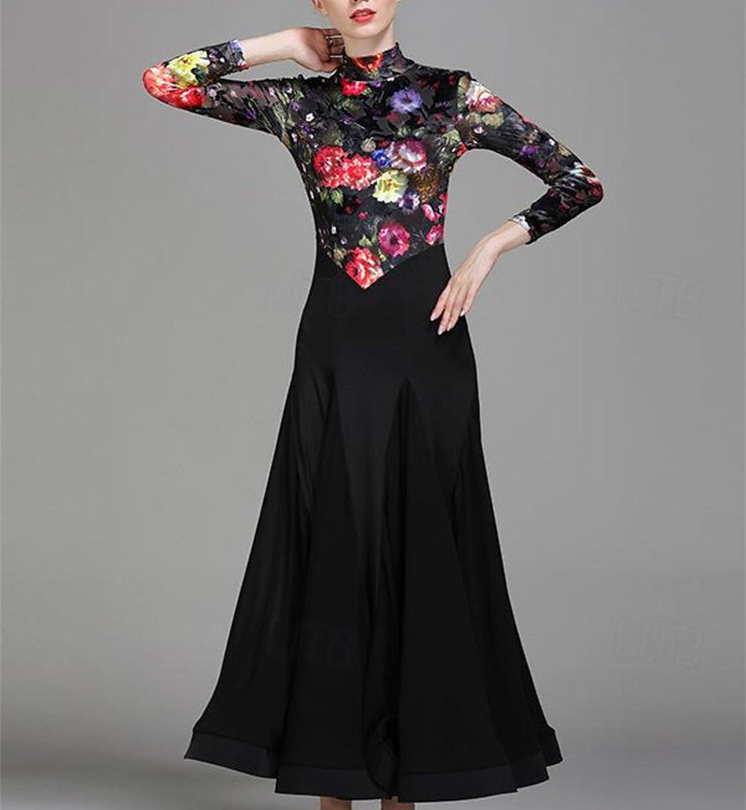 Vêtements de Danse pour Femmes Robe de Danse de Salon à Manches Longues Imprimé Floral Entraînement de Performance pour Femmes Polyester