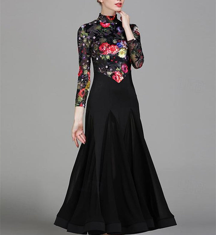 Vêtements de Danse pour Femmes Robe de Danse de Salon à Manches Longues Imprimé Floral Entraînement de Performance pour Femmes Polyester