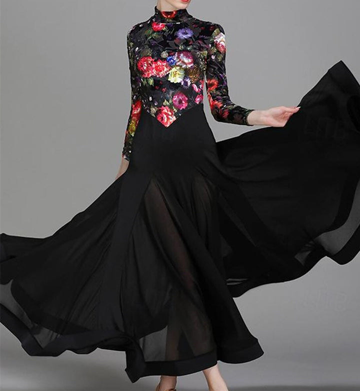 Vêtements de Danse pour Femmes Robe de Danse de Salon à Manches Longues Imprimé Floral Entraînement de Performance pour Femmes Polyester