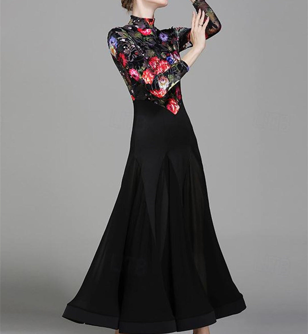Vêtements de Danse pour Femmes Robe de Danse de Salon à Manches Longues Imprimé Floral Entraînement de Performance pour Femmes Polyester