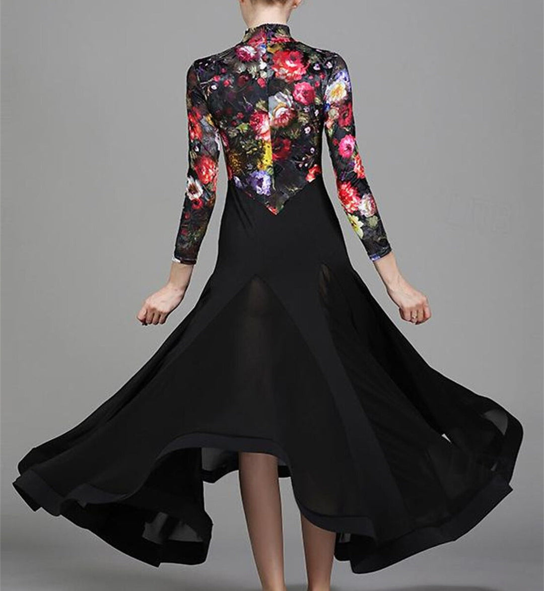 Vêtements de Danse pour Femmes Robe de Danse de Salon à Manches Longues Imprimé Floral Entraînement de Performance pour Femmes Polyester