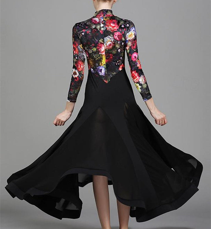 Vêtements de Danse pour Femmes Robe de Danse de Salon à Manches Longues Imprimé Floral Entraînement de Performance pour Femmes Polyester