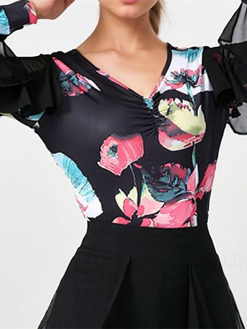 Danse Latine pour Femmes, Danse de Salon, Manches Longues, Polyester Haut, Tulle Épissé, Performance pour Femmes