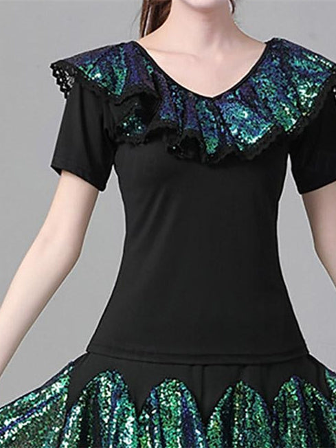 Danse Latine pour Femmes, Danse de Salon, Manches Courtes, Tulle à Épissure en Polyester Haut de Gamme, Performance pour Femmes