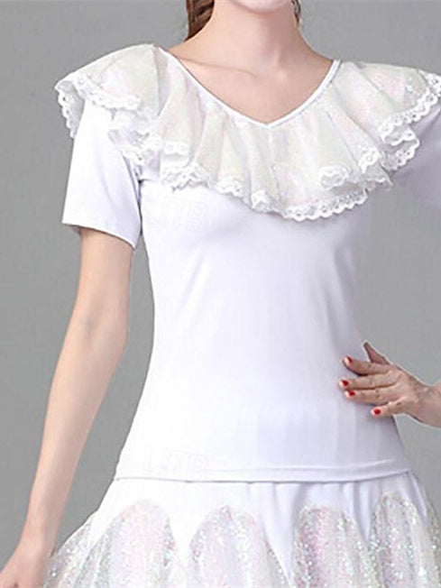 Danse Latine pour Femmes, Danse de Salon, Manches Courtes, Tulle à Épissure en Polyester Haut de Gamme, Performance pour Femmes