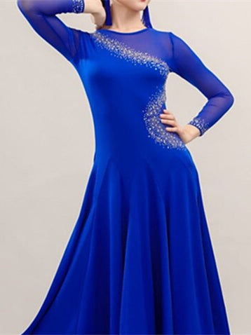 Robe de Danse de Salon en Soie Glacée à Manches Longues avec Strass pour Femme