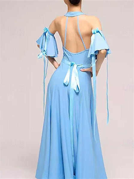 Robe de Danse de Salon en Coton Cristal Sans Manches pour Femme avec Épissure de Couleur Pure