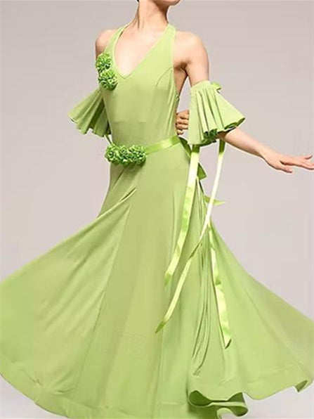 Robe de Danse de Salon en Coton Cristal Sans Manches pour Femme avec Épissure de Couleur Pure