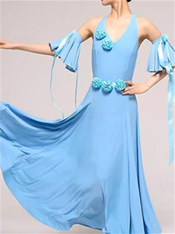 Robe de Danse de Salon en Coton Cristal Sans Manches pour Femme avec Épissure de Couleur Pure