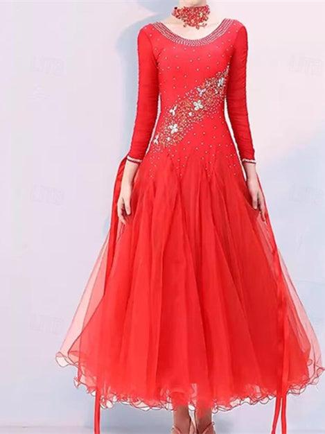 Vêtements de Danse pour Femmes Danse Latine Robe de Danse de Salon Broderie Épissage Cristaux/Strass Performance pour Femmes Soirée Manches Longues