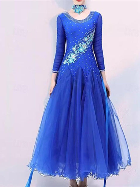 Vêtements de Danse pour Femmes Danse Latine Robe de Danse de Salon Broderie Épissage Cristaux/Strass Performance pour Femmes Soirée Manches Longues