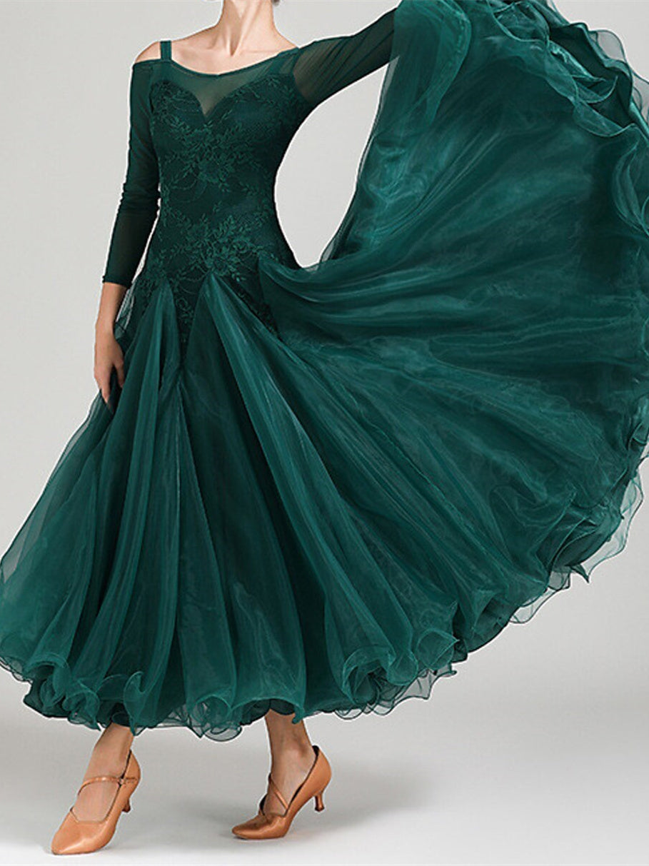 Robe de Danse de Salon pour Femmes, Couleur Unie, Manches Longues, pour Spectacle de Danse de Salon