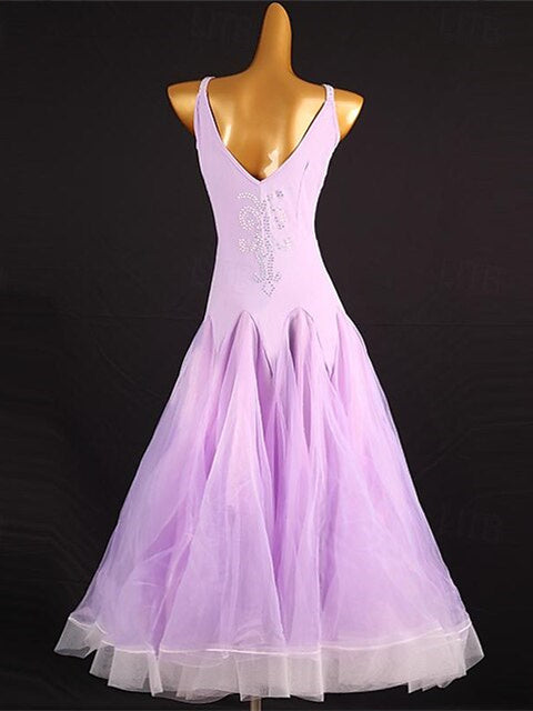 Robe de Danse de Salon pour Femmes, Cristaux/Strass, Performance pour Femmes, Sans Manches, en Élasthanne et Organza