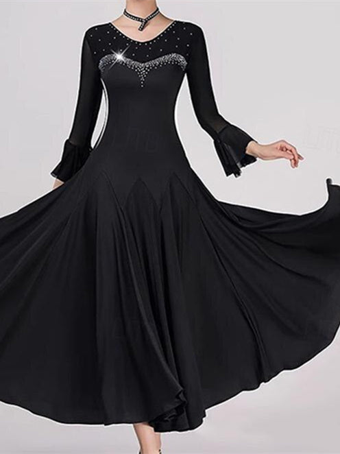 Robe de Danse de Salon pour Femmes, Couleur Pure, Cristaux/Strass, Performance pour Femmes, Manches Longues