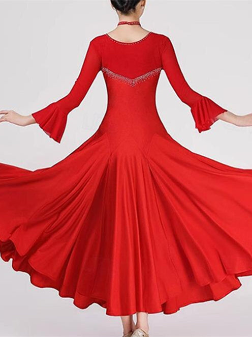 Robe de Danse de Salon pour Femmes, Couleur Pure, Cristaux/Strass, Performance pour Femmes, Manches Longues