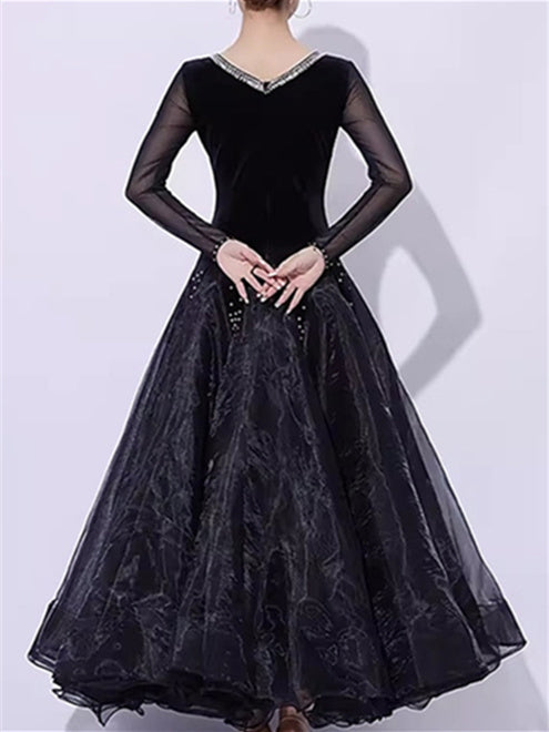 Robe de Danse de Salon pour Femmes, Tenue de Danse de Salon avec Épissage de Cristaux/Strass, Manches Longues pour Femmes