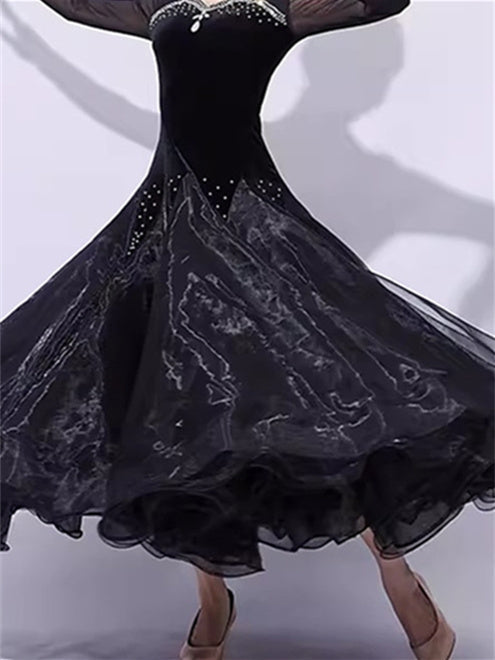 Robe de Danse de Salon pour Femmes, Tenue de Danse de Salon avec Épissage de Cristaux/Strass, Manches Longues pour Femmes