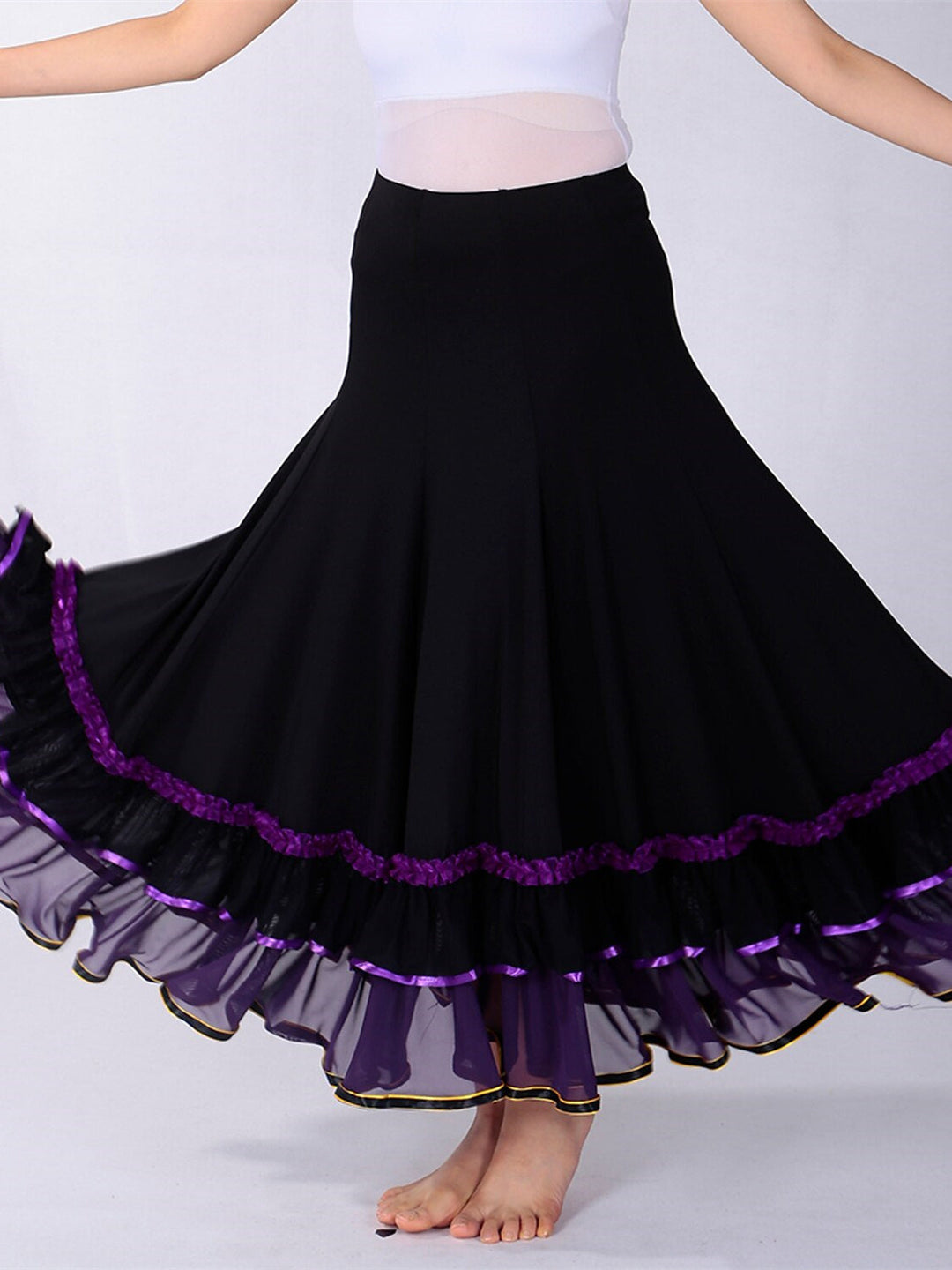 Vêtements de Danse pour Femmes Jupes de Danse de Salon à Volants Épissage Entraînement de Performance pour Femmes Haute Teneur en Polyester