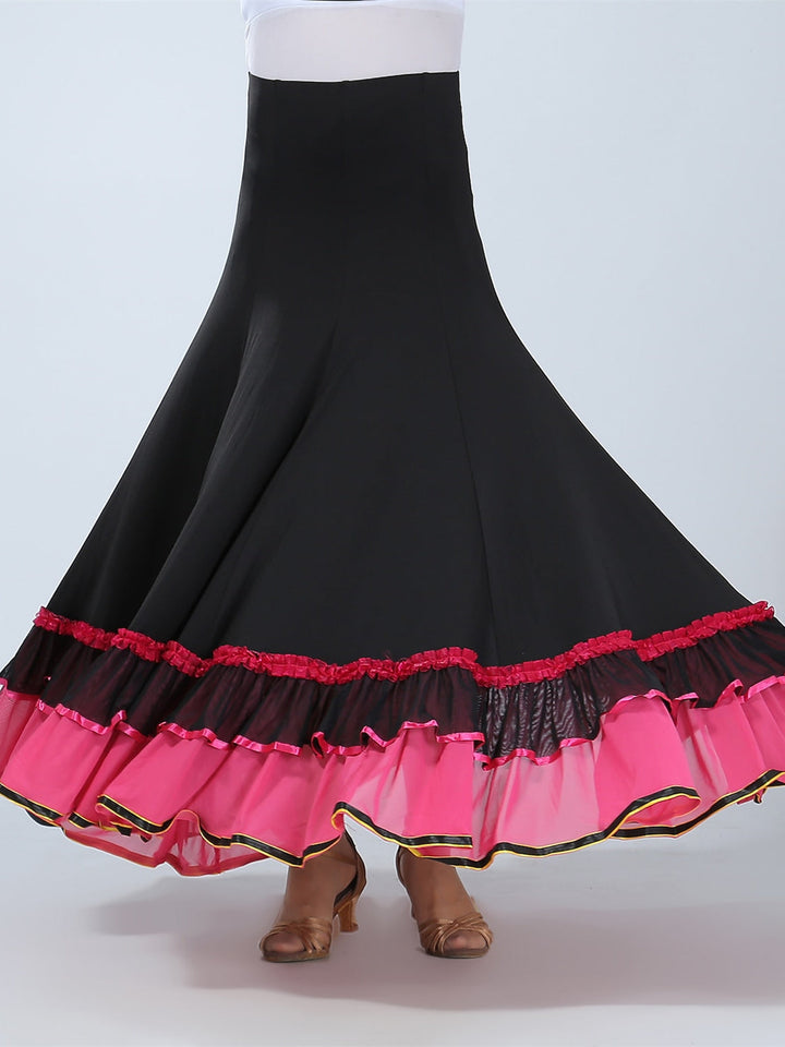 Vêtements de Danse pour Femmes Jupes de Danse de Salon à Volants Épissage Entraînement de Performance pour Femmes Haute Teneur en Polyester