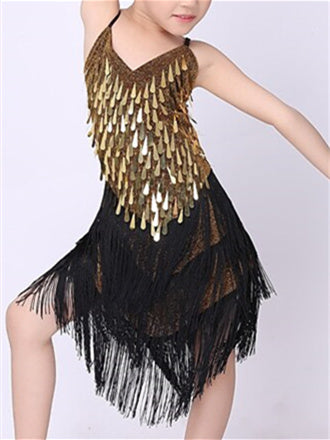 Robe de Danse Latine à Manches Longues et à Volants en Polyester pour Filles