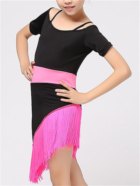 Robe de Danse Latine pour Enfants, Manches Courtes, Mélange de Coton, Épissure de Pompons, Performance pour Filles