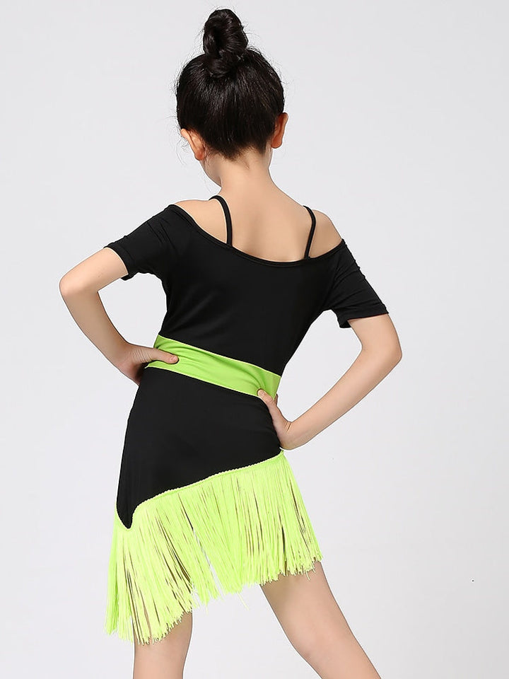 Robe de Danse Latine pour Enfants, Manches Courtes, Mélange de Coton, Épissure de Pompons, Performance pour Filles