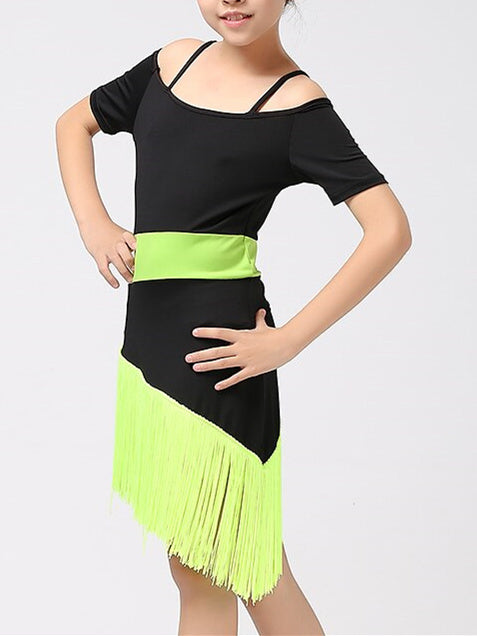 Robe de Danse Latine pour Enfants, Manches Courtes, Mélange de Coton, Épissure de Pompons, Performance pour Filles