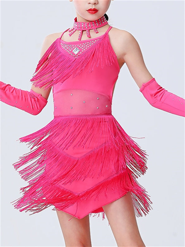 Robe de Danse Latine pour Enfants, Tenue de Danse à Pompons, Drapée Sur le Côté, Sans Manches, en Polyester, pour Filles